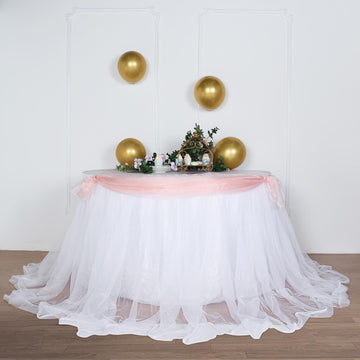 21ft White Extra Long 48" Two Layered Tulle and Satin Table Skirt