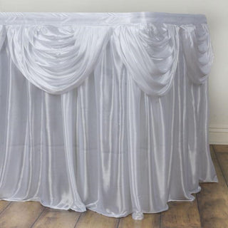 Elevate Your Event with the 21ft White Pleated Satin Double Drape Table Skirt