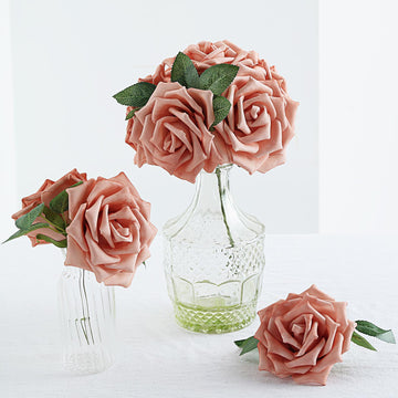 24 Roses 5" Dusty Rose Artificial Foam Flowers With Stem Wire and Leaves