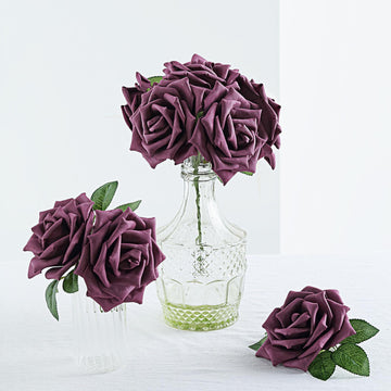 24 Roses 5" Eggplant Artificial Foam Flowers With Stem Wire and Leaves