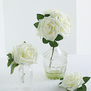24 Roses 5" Ivory Artificial Foam Flowers With Stem Wire and Leaves