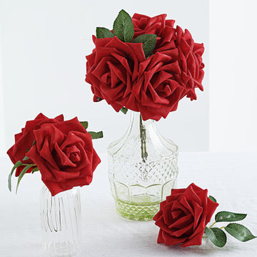 24 Roses 5" Red Artificial Foam Flowers With Stem Wire and Leaves