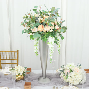 28" Tall Brushed Silver Metal Trumpet Flower Vase Wedding Centerpiece