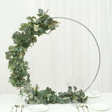 32" Silver Metal Round Hoop Wedding Centerpiece, Self Standing Table Floral Wreath Frame