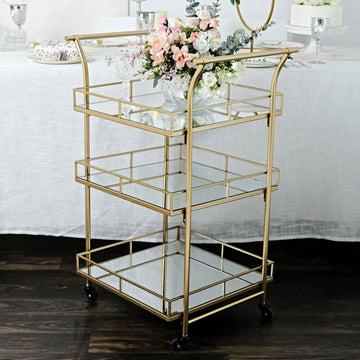 3ft Tall Gold Metal 3-Tier Bar Cart Mirror Serving Tray Kitchen Trolley, Teacart Island Trolley for Events