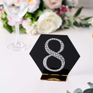 Elegant hexagonal table number eight decoration with rhinestones.
