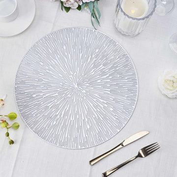 6 Pack 15" Silver Metallic Non-Slip Placemats, Spiked Design Round Vinyl Table Mats