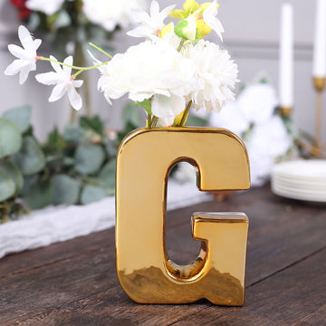 6" Shiny Gold Plated Ceramic Letter "G" Sculpture Bud Vase, Flower Planter Pot Table Centerpiece