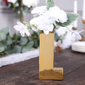 6" Shiny Gold Plated Ceramic Letter "L" Sculpture Bud Vase, Flower Planter Pot Table Centerpiece