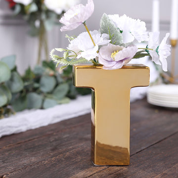 6" Shiny Gold Plated Ceramic Letter "T" Sculpture Bud Vase, Flower Planter Pot Table Centerpiece
