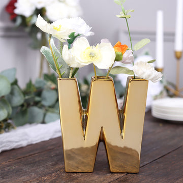 6" Shiny Gold Plated Ceramic Letter "W" Sculpture Bud Vase, Flower Planter Pot Table Centerpiece
