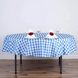 70" White/Blue Buffalo Plaid Round Tablecloth 70" White/Blue Buffalo Plaid Round Tablecloth