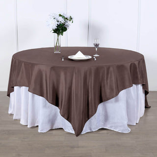 Add Elegance to Your Event with the 70"x70" Chocolate Square Seamless Polyester Table Overlay