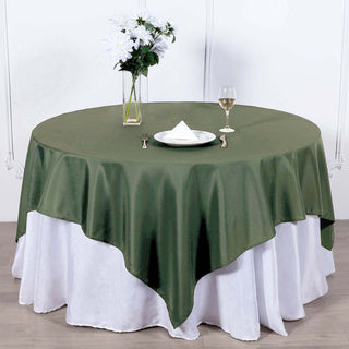 Add Elegance to Your Event with the Olive Green Square Polyester Table Overlay Add Elegance to Your Event with the Olive Green Square Polyester Table Overlay