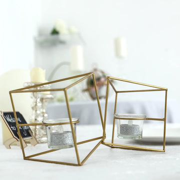 9" Gold Geometric Candle Holder Set Linked Metal Geometric Centerpieces with Votive Glass Holders