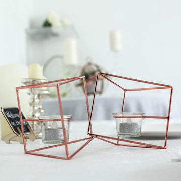 9" Rose Gold Geometric Candle Holder Set Linked Metal Geometric Centerpieces with Votive Glass Holders