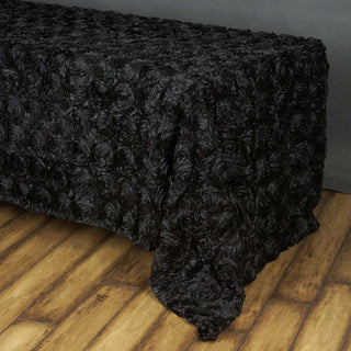 Elegant Black Seamless Grandiose Rosette 3D Satin Rectangle Tablecloth