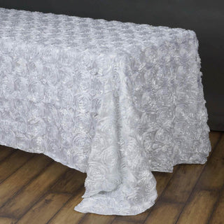Elegant White Seamless Grandiose Rosette 3D Satin Rectangle Tablecloth Elegant White Seamless Grandiose Rosette 3D Satin Rectangle Tablecloth