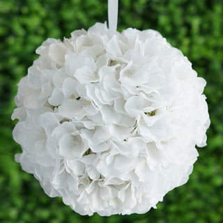 Create an Enchanting Atmosphere: 4 Pack | 7" White Artificial Silk Hydrangea Kissing Flower Balls