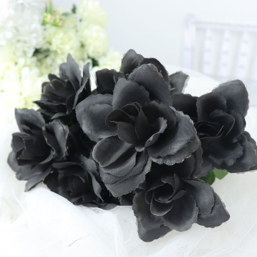 12 Bushes | Black Artificial Premium Silk Blossomed Rose Flowers | 84 Roses