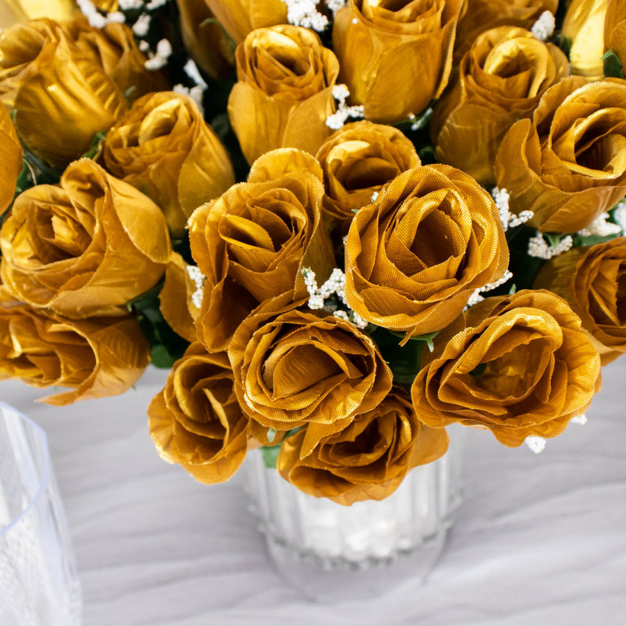 12 Bushes | Gold Artificial Premium Silk Flower Rose Buds | 84 Rose Buds