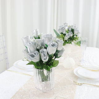 Long-Lasting Beauty and Convenience with Silver Artificial Premium Silk Flower Rose Bud Bouquets