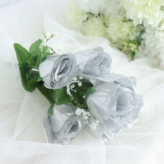 Add Elegance to Your Event with Silver Artificial Premium Silk Flower Rose Bud Bouquets