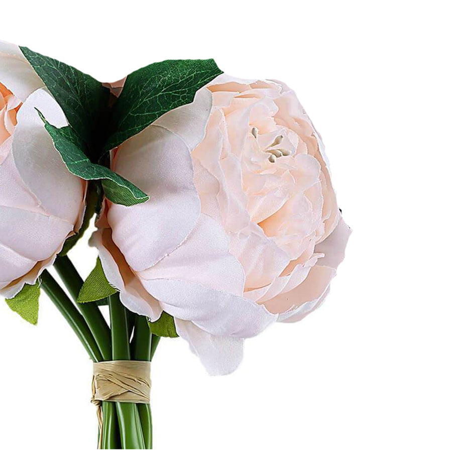 5 Flower Head Blush Rose Gold Peony Bouquet | Artificial Silk Peonies Spray#whtbkgd