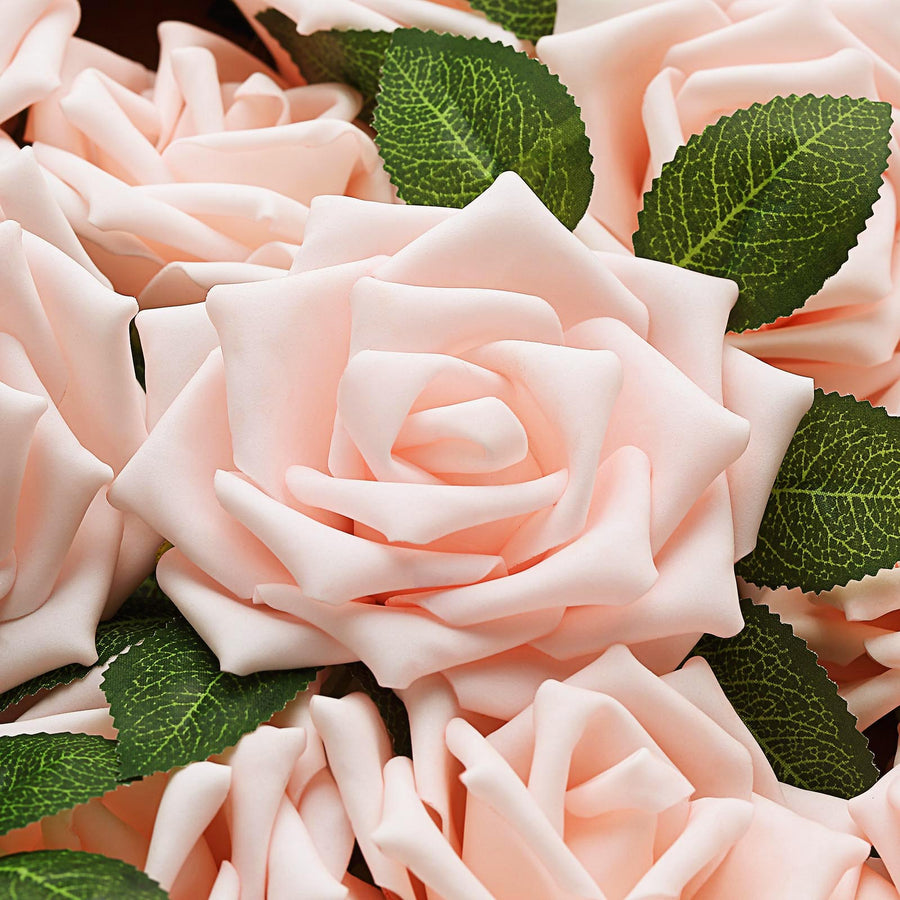 24 Roses | 5inch Rose Gold/Blush Artificial Foam Flowers With Stem Wire and Leaves#whtbkgd