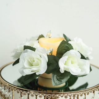 Elegant Ivory Artificial Silk Rose Candle Ring Wreaths