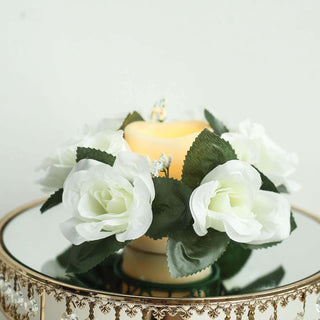 Elegant Ivory Artificial Silk Rose Candle Ring Wreaths Elegant Ivory Artificial Silk Rose Candle Ring Wreaths