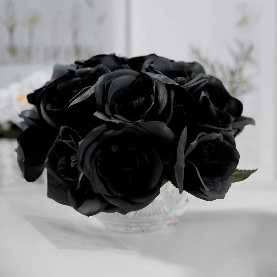 12inches Black Artificial Velvet-Like Fabric Rose Flower Bouquet Bush#whtbkgd
