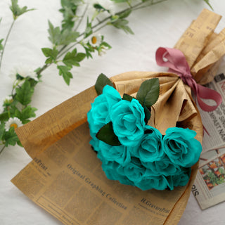 Turquoise Artificial Velvet-Like Fabric Rose Flower Bouquet Bush for Every Occasion