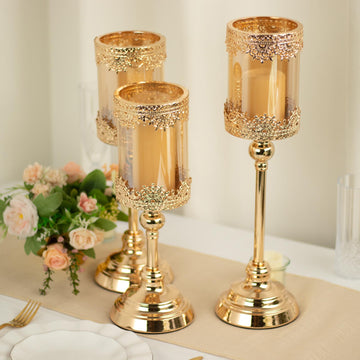 Set of 3 Antique Gold Hurricane Glass Pillar Candle Holders, Lace Design Votive Candle Stands - 13",15",17"