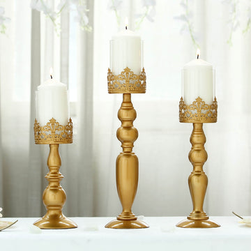 Set of 3 Antique Gold Lace Hurricane Glass Pillar Candle Holders - 12" 14" 17"