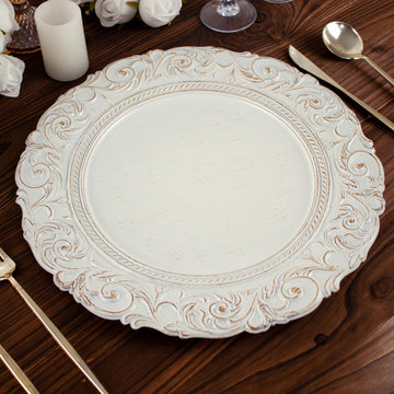 6 Pack 14" Antique White Gold Vintage Plastic Charger Plates With Engraved Baroque Rim, Round Disposable Serving Trays