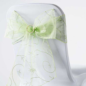 5 Pack 7"x108" Apple Green Embroidered Organza Chair Sashes