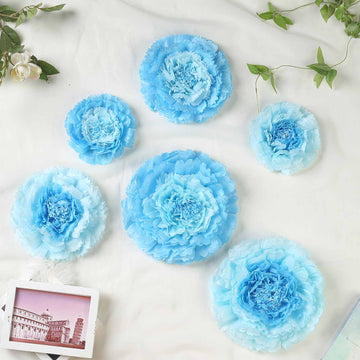 Set of 6 Aqua Blue Carnation 3D Paper Flowers Wall Decor - 7",9",11"