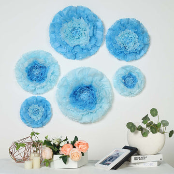 Set of 6 Aqua Blue Giant Carnation 3D Paper Flowers Wall Decor - 12",16",20"