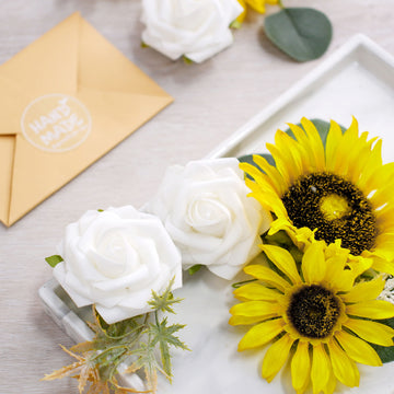 40 Pcs Artificial Rose & Silk Sunflower With Stem Box Set, Mixed Faux Floral Arrangements - Cream White