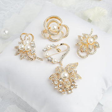 5 Pack Assorted Gold Plated Pearl and Rhinestone Brooches Floral Sash Pin Brooch Bouquet Decor