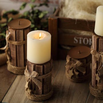 Set of 4 Assorted Wooden Pillar Candle Holder Set With Braided Twines Burlap Ribbons and Hanging Stars - 8" 7" 5" 4"