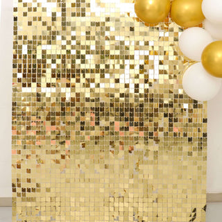 Gold sequin backdrop with balloons for festive events and photo shoots.