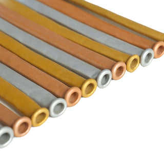 Colored rubber tubing in various shades arranged in a row.