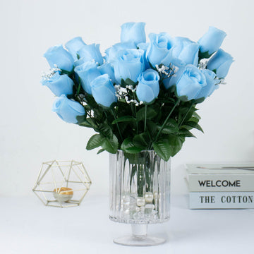 12 Bushes Baby Blue Artificial Premium Silk Flower Rose Bud Bouquets