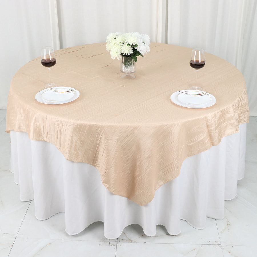 72x72Inch Beige Accordion Crinkle Taffeta Table Overlay, Square Tablecloth Topper