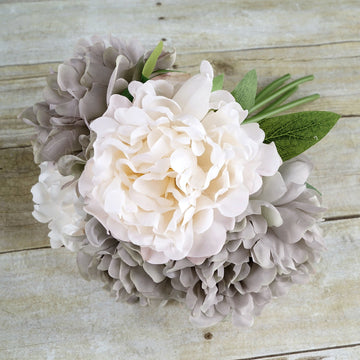 11" Beige Dusty Rose Real Touch Artificial Silk Peonies Flower Bouquet