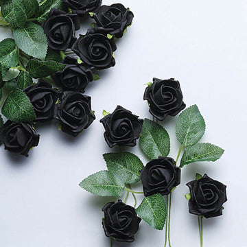 24 Roses 2" Black Artificial Foam Flowers With Stem Wire and Leaves
