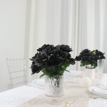 12 Bushes Black Artificial Premium Silk Blossomed Rose Flowers 84 Roses