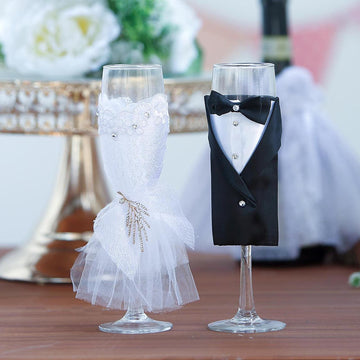 Set of 2 9" Black Bride Groom Koozie Clear Champagne Glasses, Wedding Toast Flutes